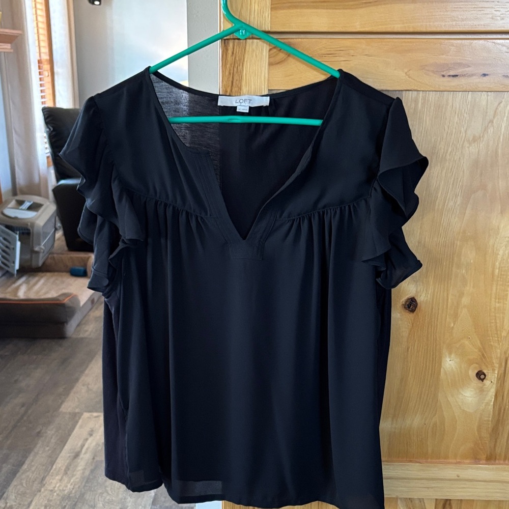 LOFT Black V-Neck Ruffle Blouse